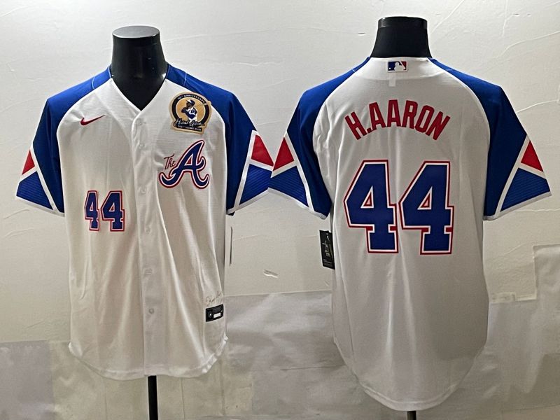 Men 2025 Atlanta Braves #44 H.Aaron White blue City Edition Nike MLB Jersey style 7